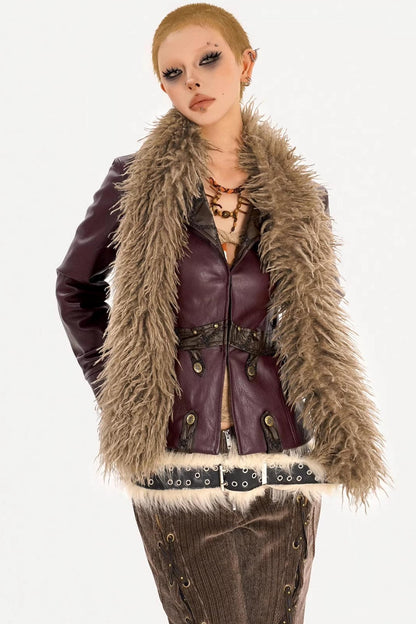 Vintage Leather Fur Collar Jacket