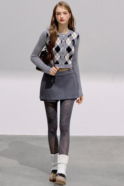 Vintage Diamond Plaid Knitted Cardigan