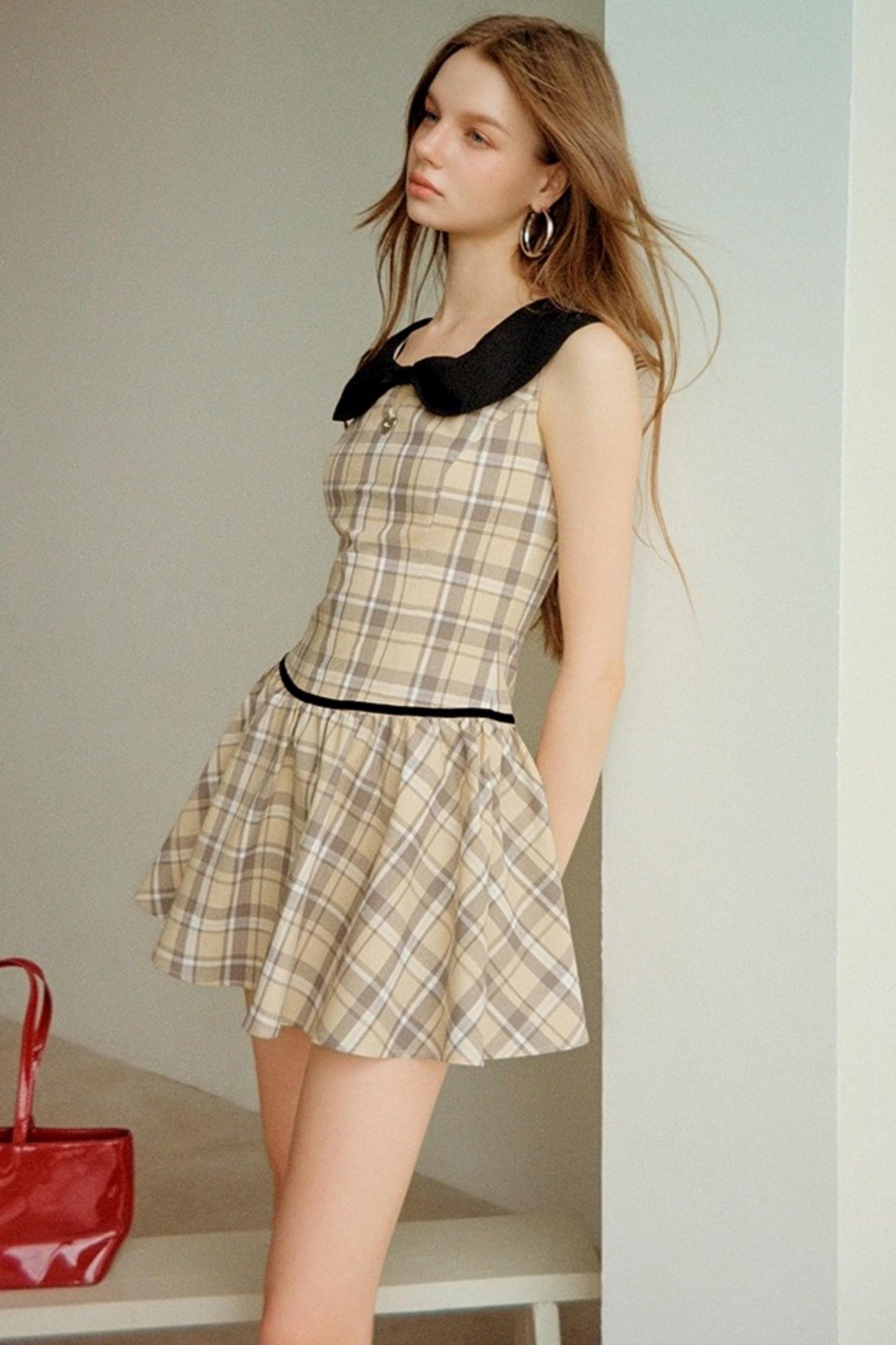 Plaid Contrasting Doll Neck Puffy Dress