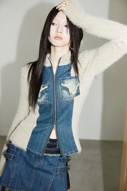 Stand collar denim patch knit jacket