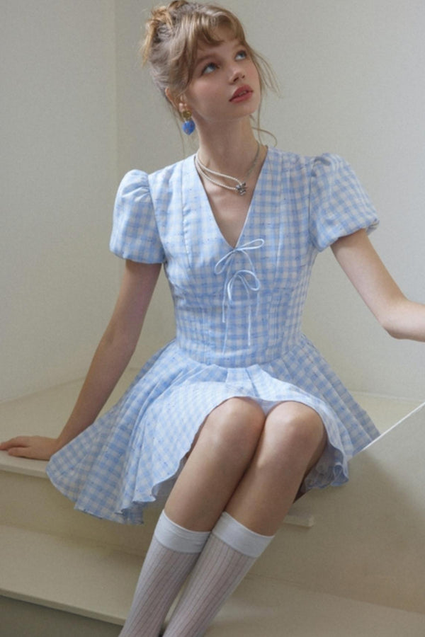 Blue Plaid Puff Sleeve A-Line Dress