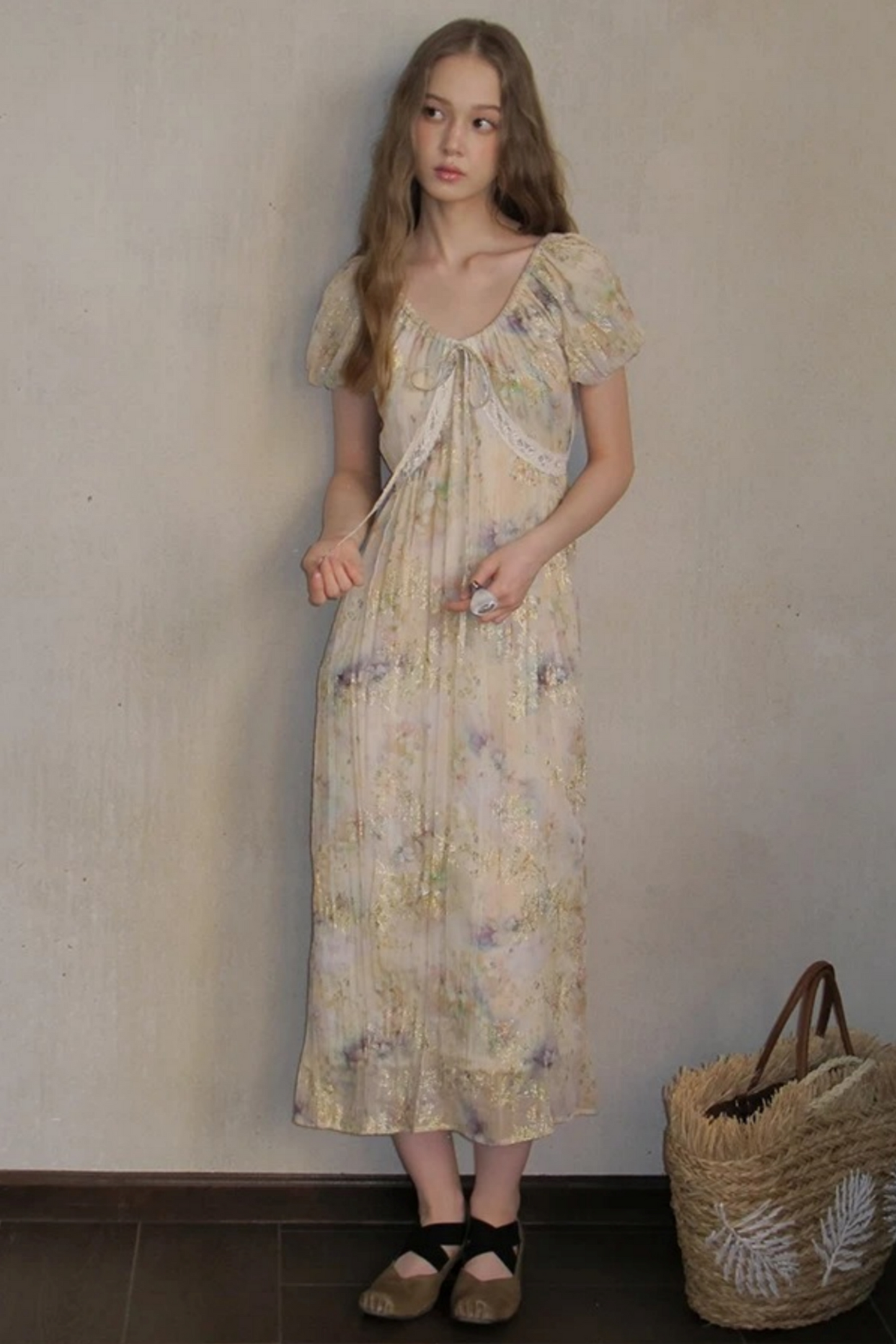 Embroidery Pleated Puff Sleeve Dress