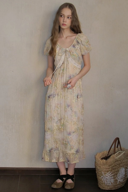 Embroidery Pleated Puff Sleeve Dress