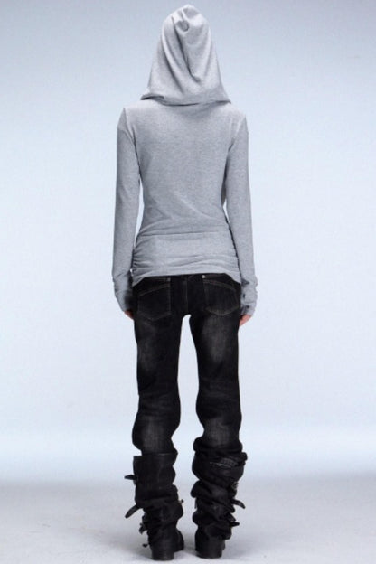 Hooded Metal Buckle Knit Top