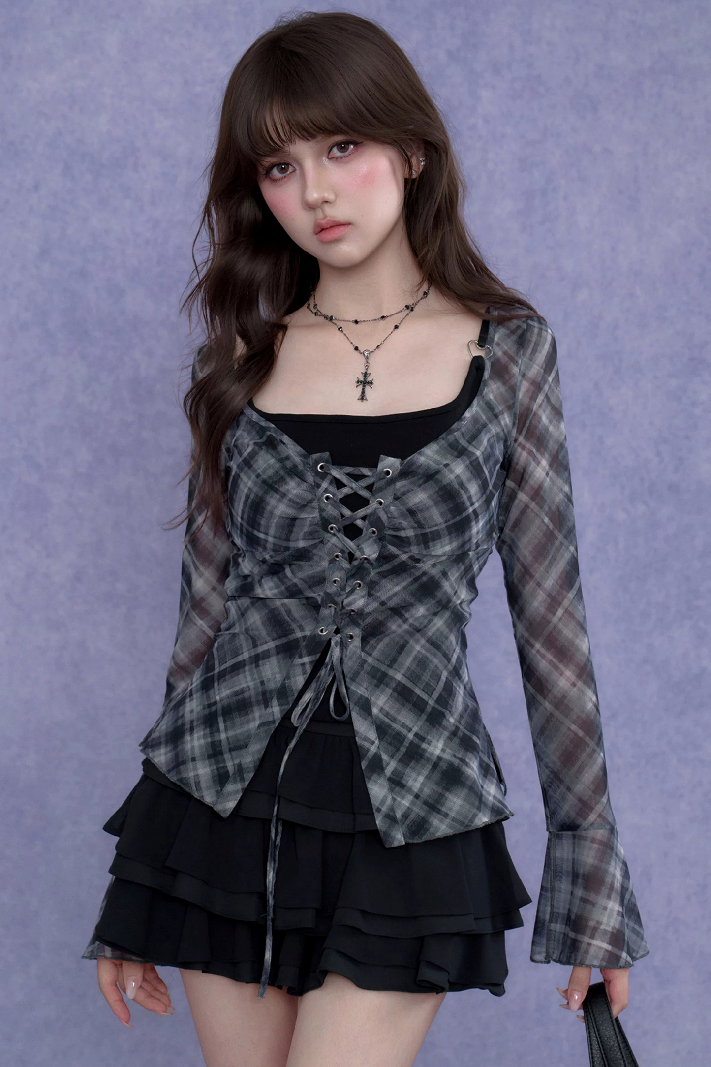 Gray Plaid Tie-Neck Top Set-Up