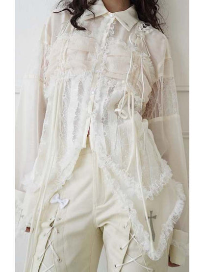 Lace-Up Crosses Embroidery Chiffon Lace Trim Shirt