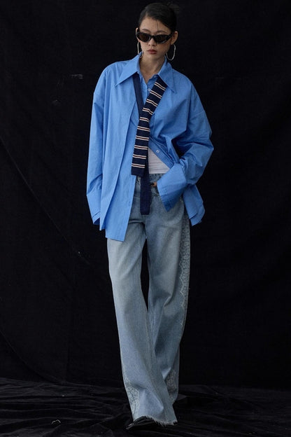 Blue Pointed Long-Sleeved Shirt