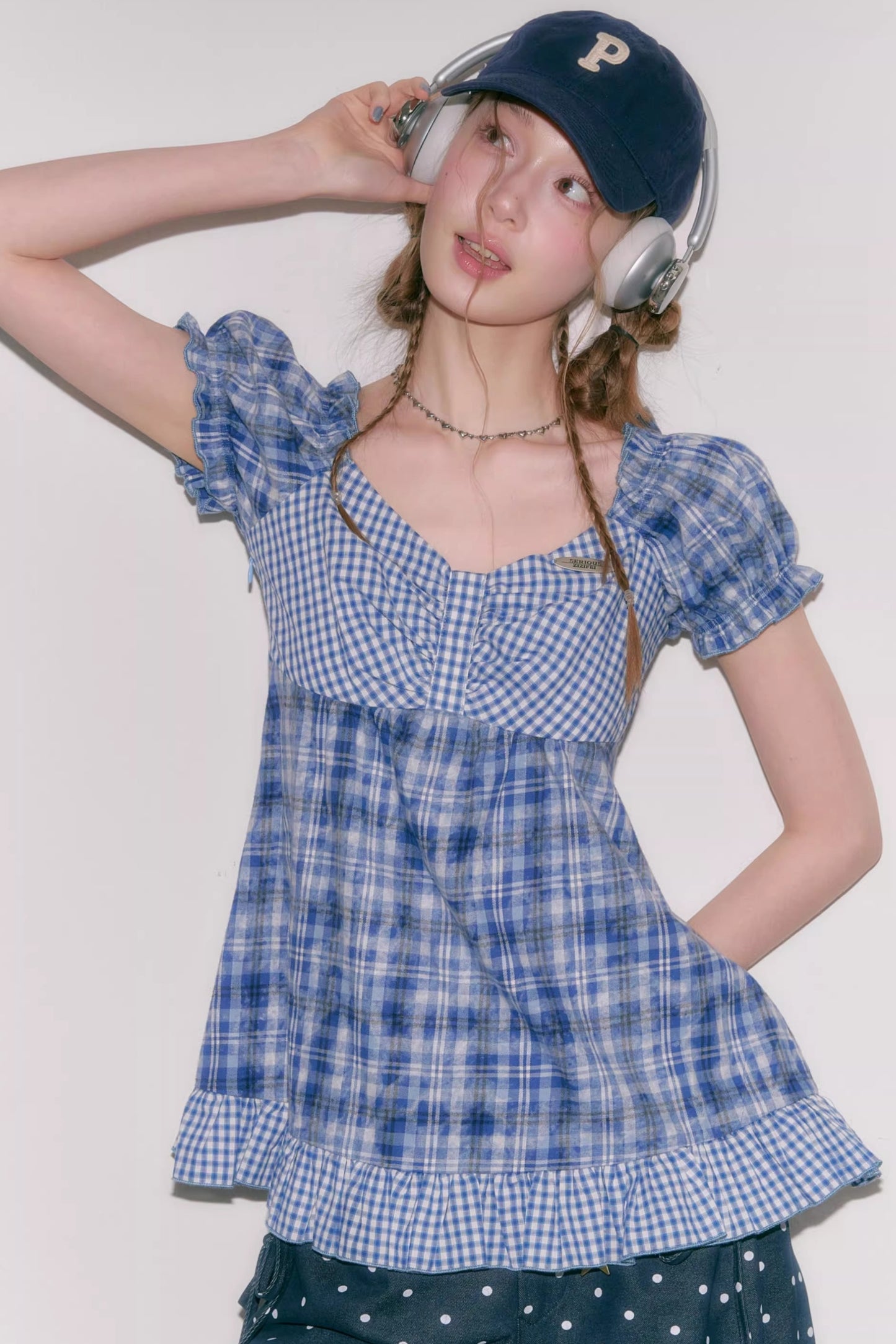 Checkered Plaid Puff Sleeve T-Shirt