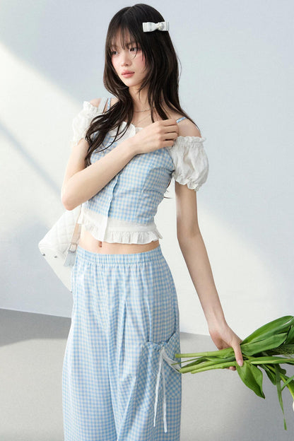 Blue Plaid Off-Shoulder Top Set-Up