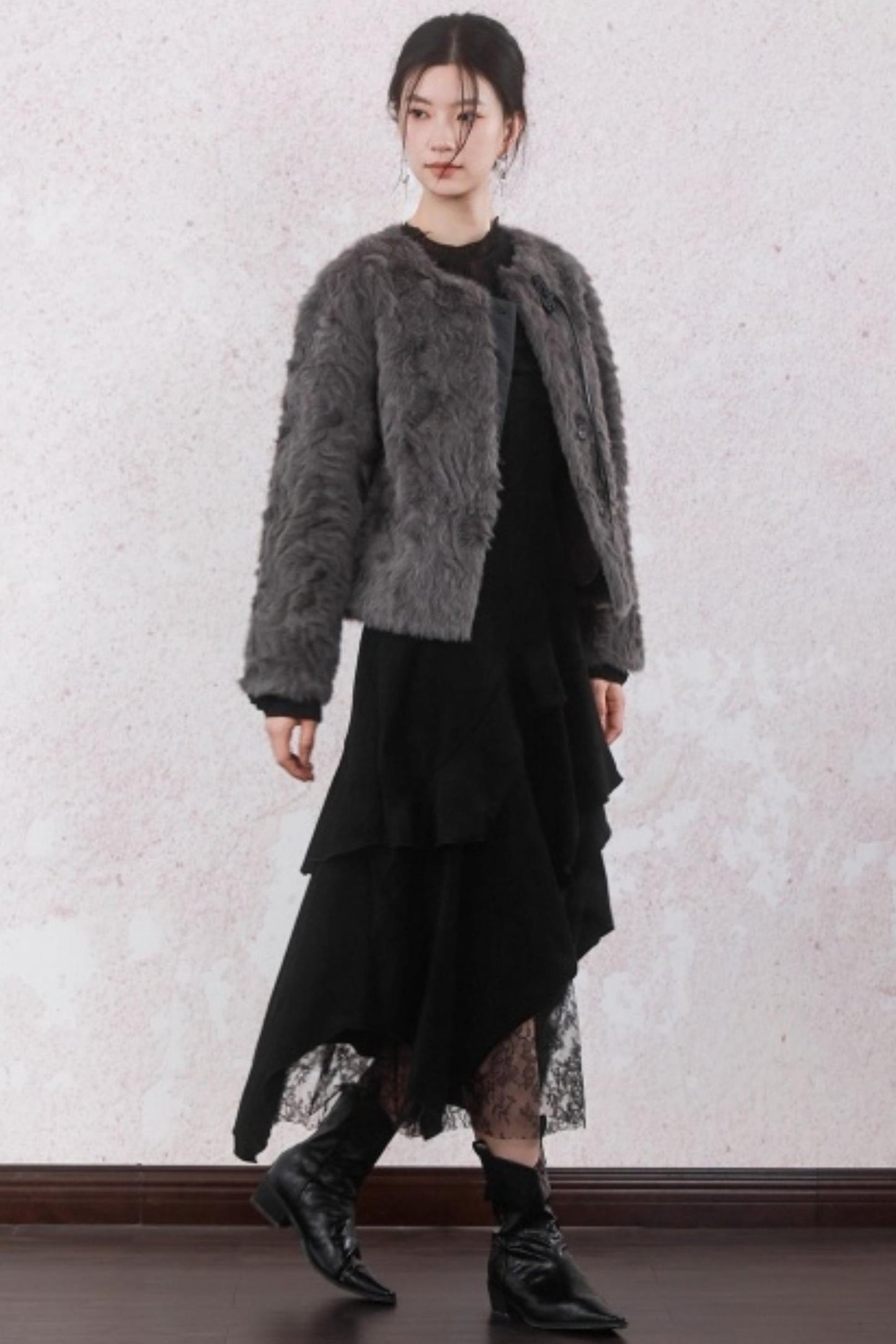 Elegant Gray-Brown Plush Jacket