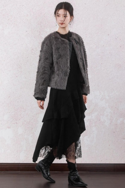 Elegant Gray-Brown Plush Jacket