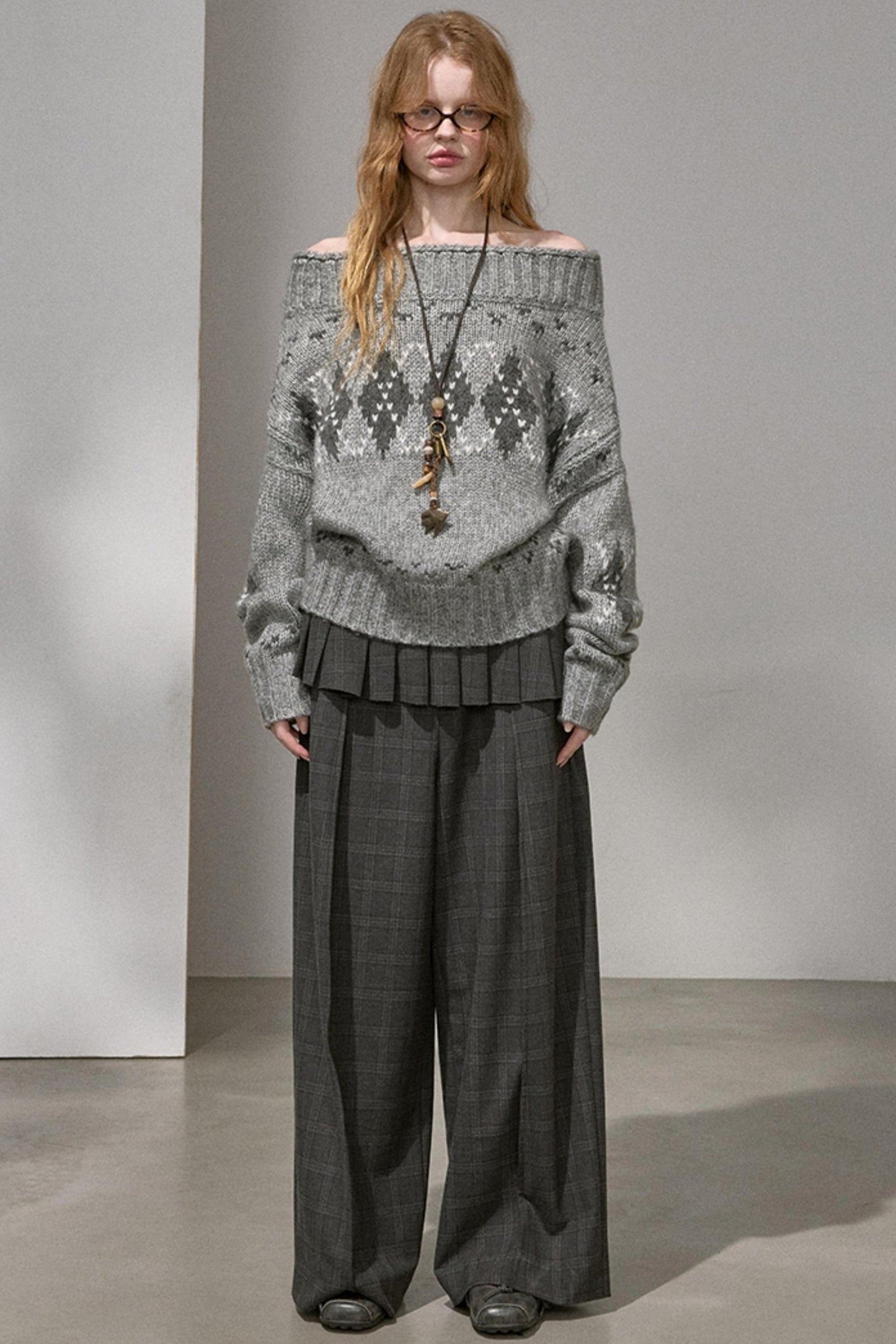 Thick Knit Argyle Off-Shoulder Top