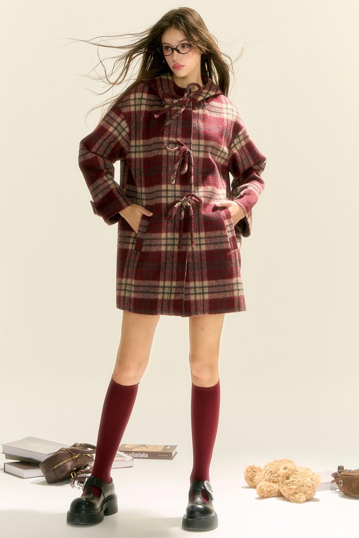 Plaid Bow Hoodie Coat Dress