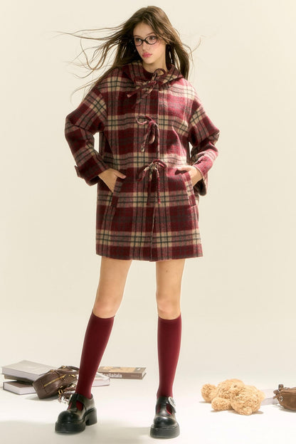 Plaid Bow Hoodie Coat Dress