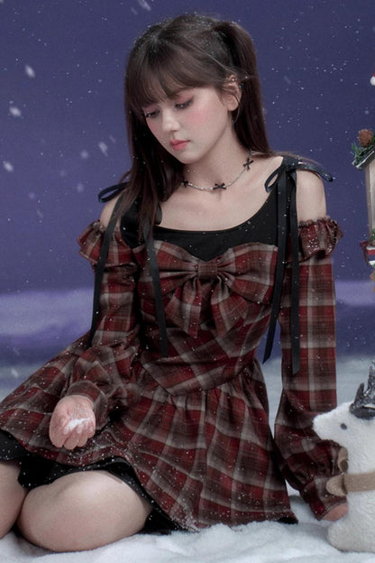 Plaid Fake Two-Piece Christmas Dress