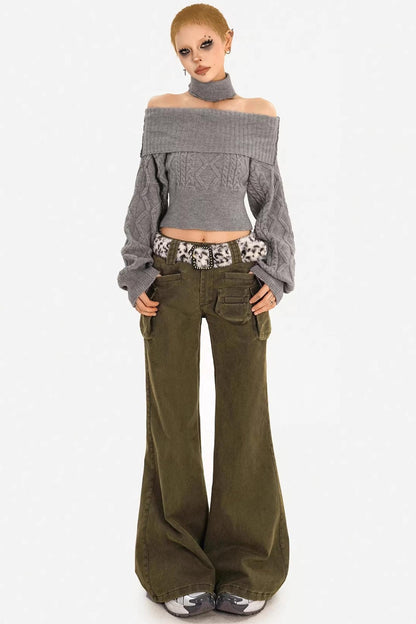 Retro Off-Shoulder Camel Sweater