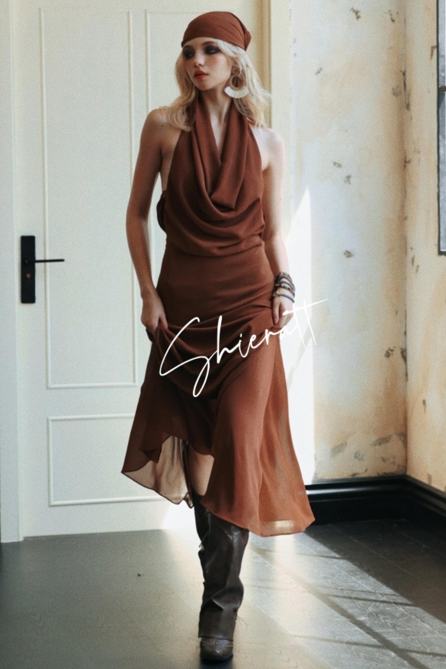 Caramel Swing Halter Dress