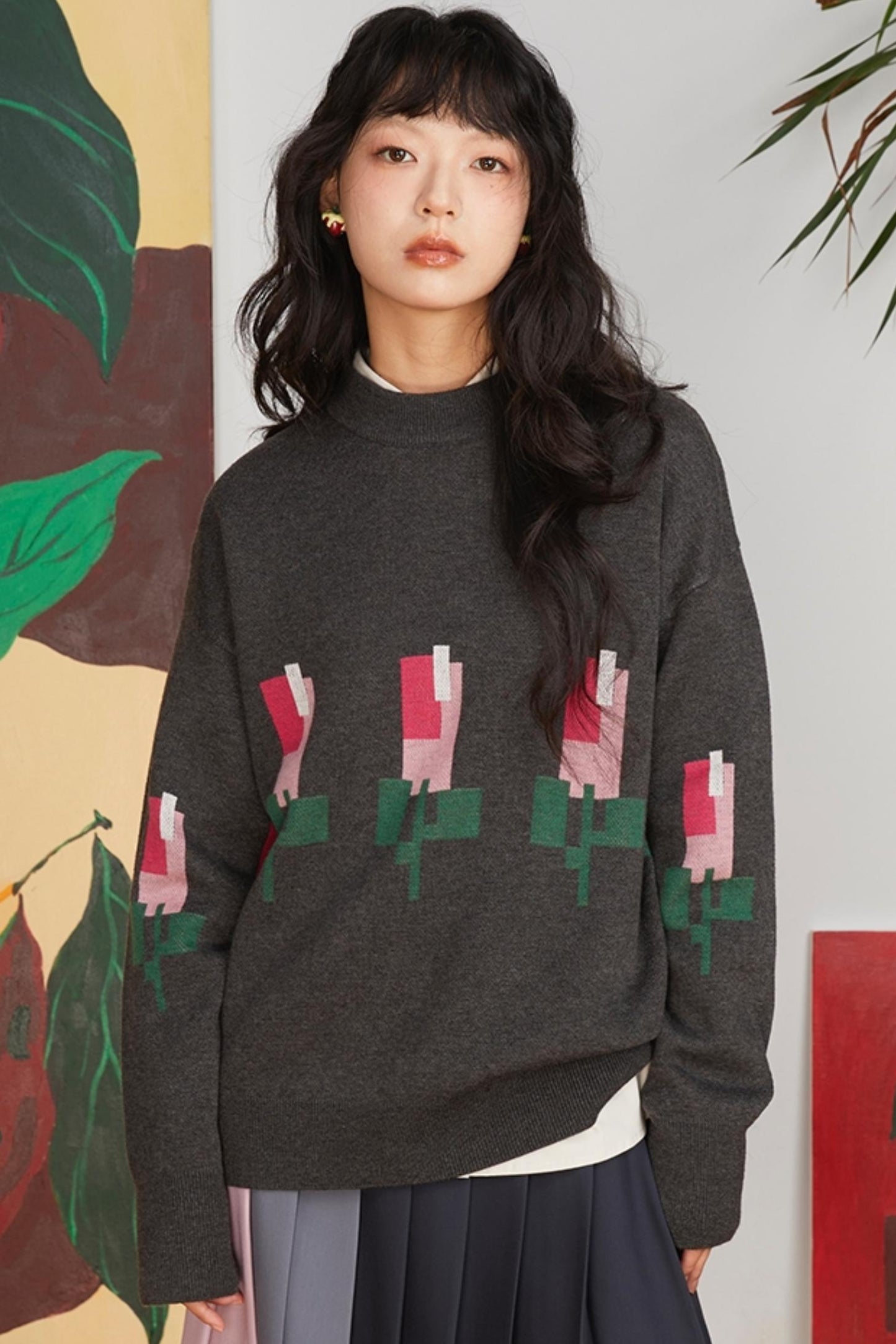 Jacquard Tulip Wool Knit Pullover