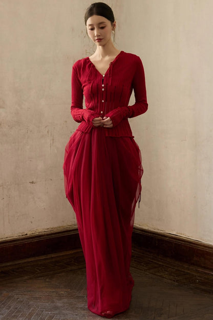 Autumn Red Knitted Cardigan