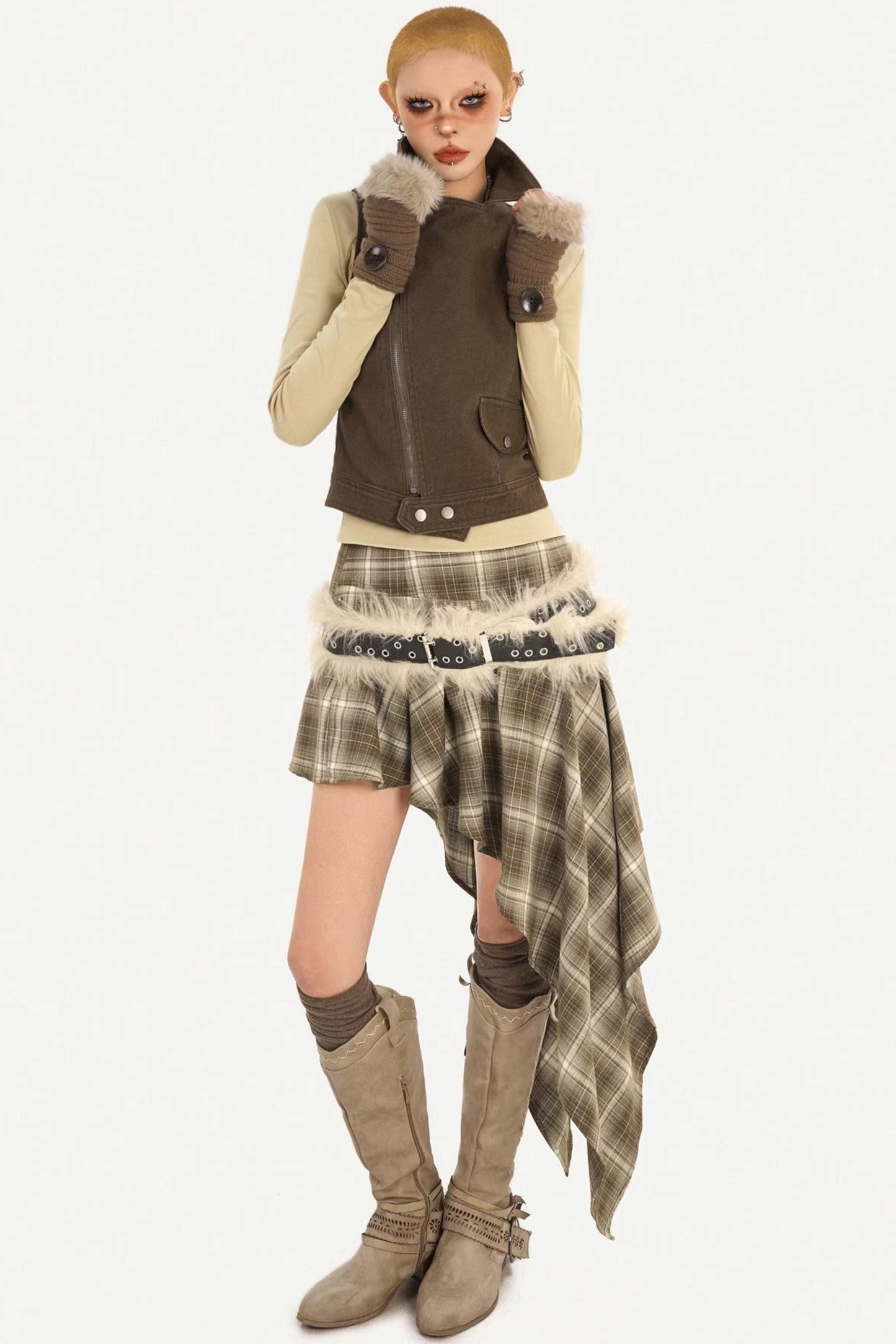 Retro Plaid Asymmetrical Skirt