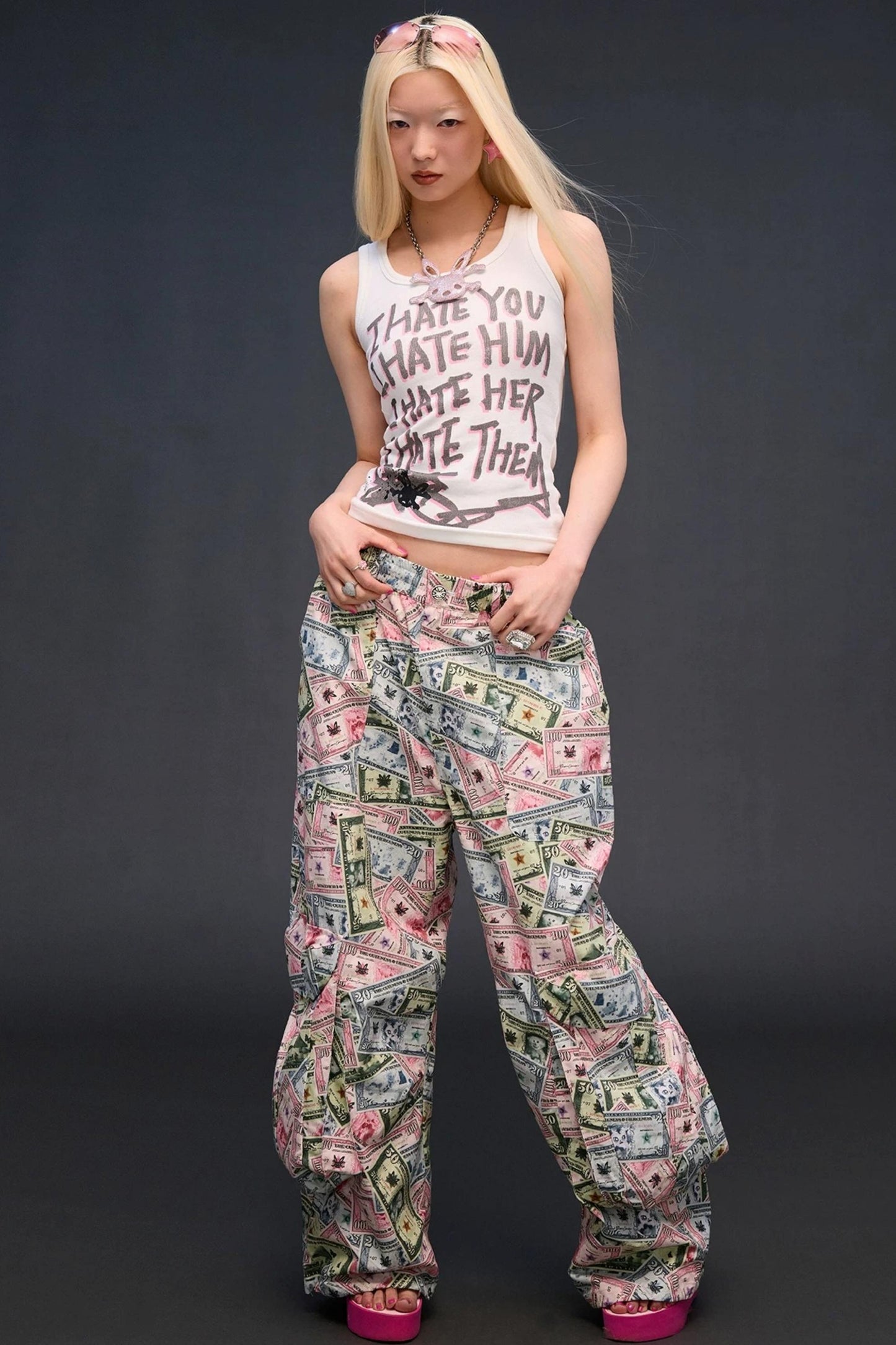 Money Print Wide-Leg Pants