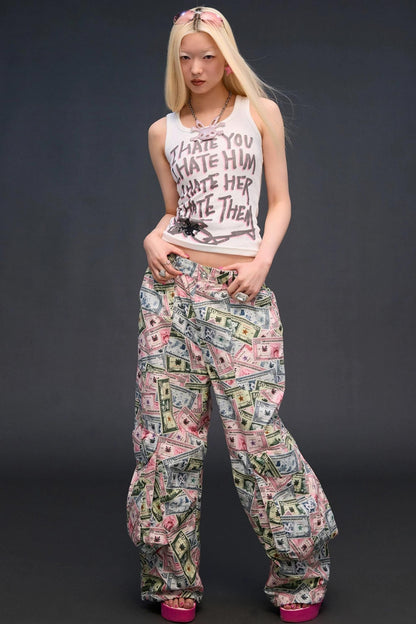 Money Print Wide-Leg Pants