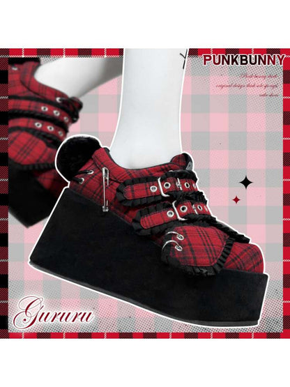 Y2K Black Rabbit Plaid Platform Shoes