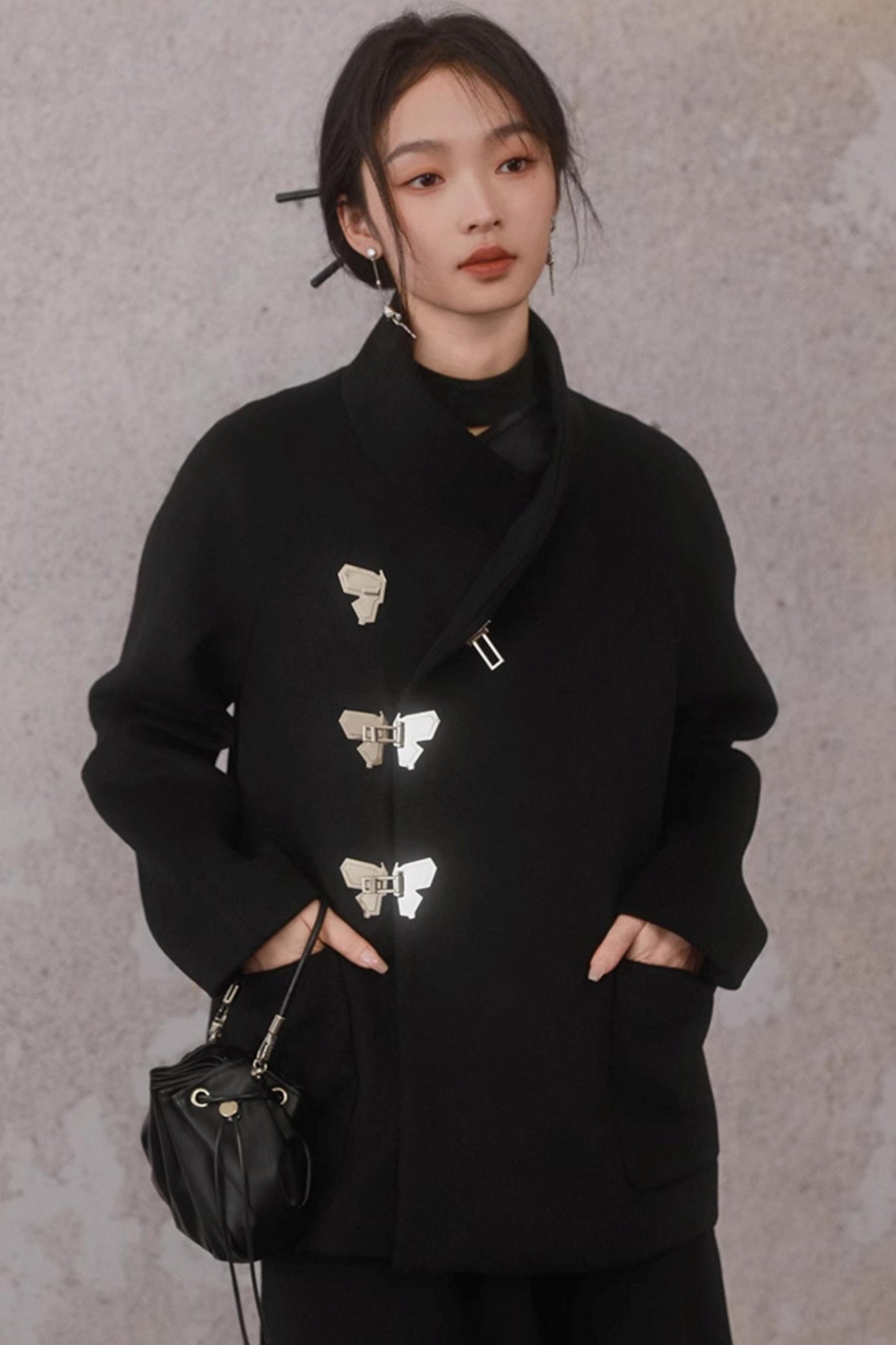 Black Woolen Butterfly Buckle Coat