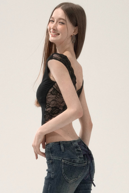 Lace Patchwork Backless Top
