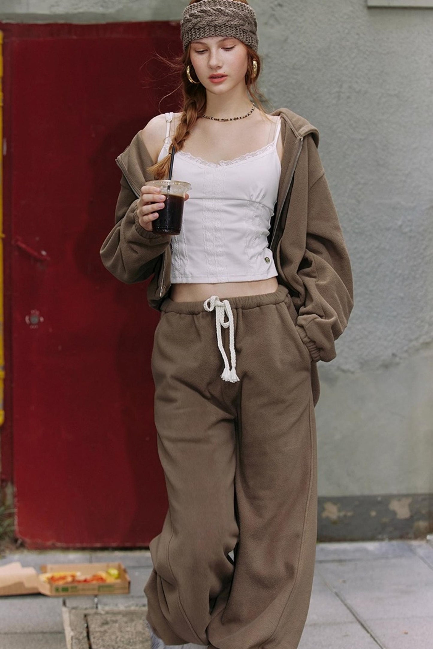 Khaki Fleece Bunny Ear Cardigan Set-Up