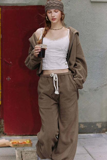 Khaki Fleece Bunny Ear Cardigan Set-Up