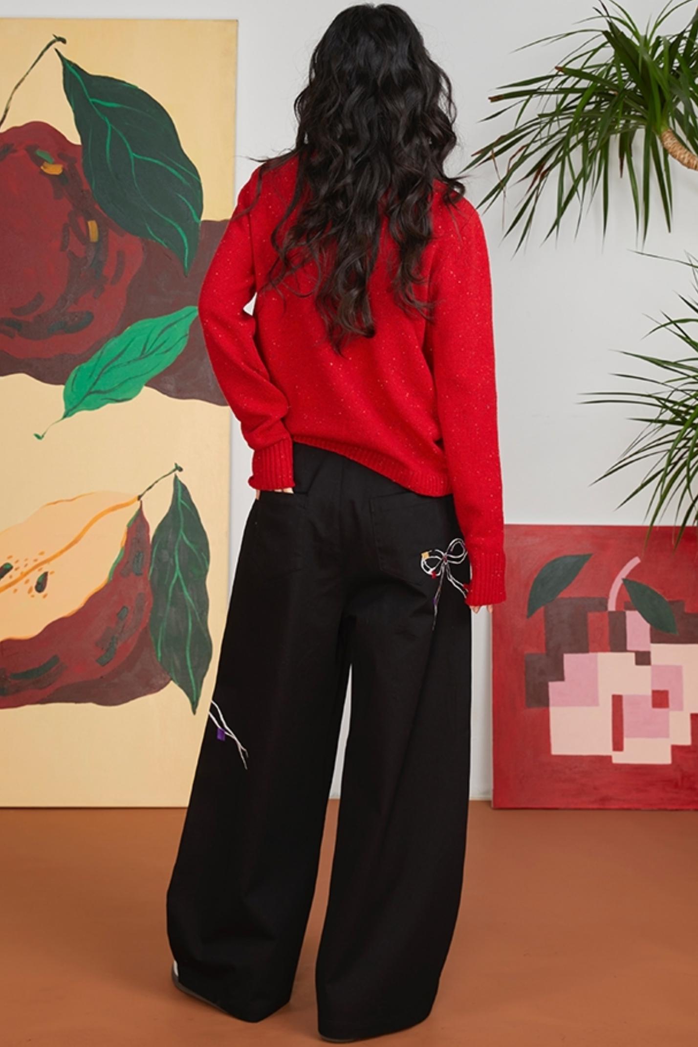 Loose Fit Bow Embroidery Pants