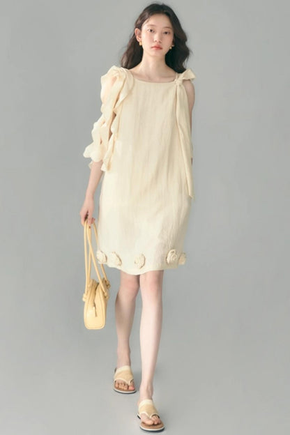 Three-Dimensional Rose Lace Linen-Blend Dress