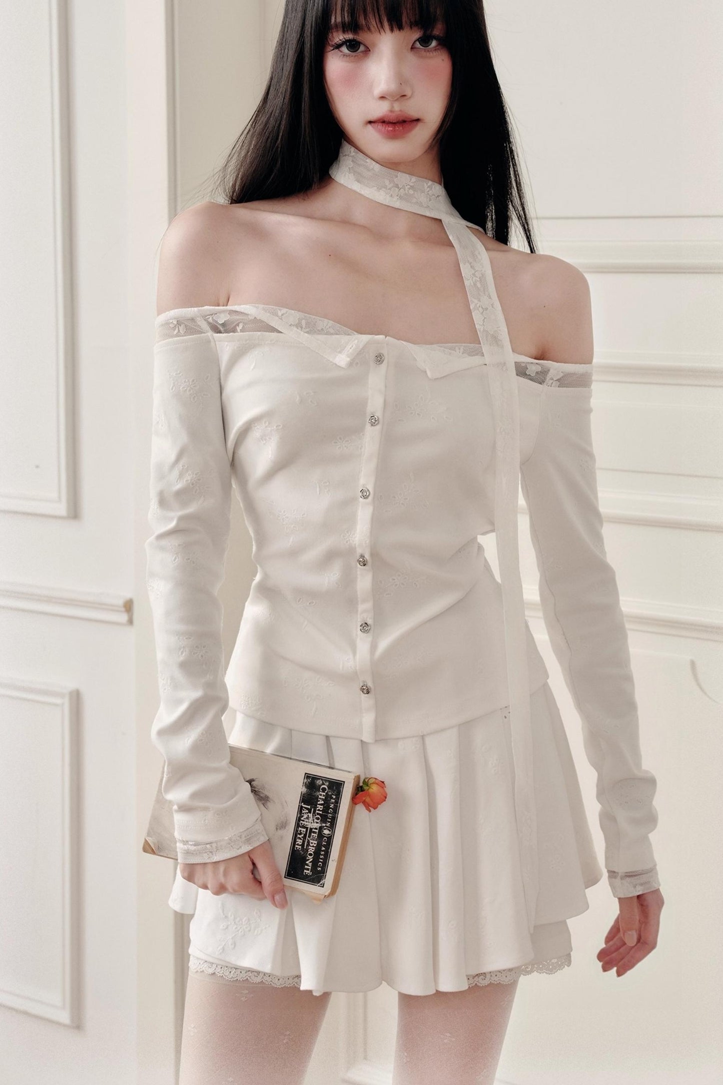 White Moonlight Lace Embroidered Top Skirt Set-Up