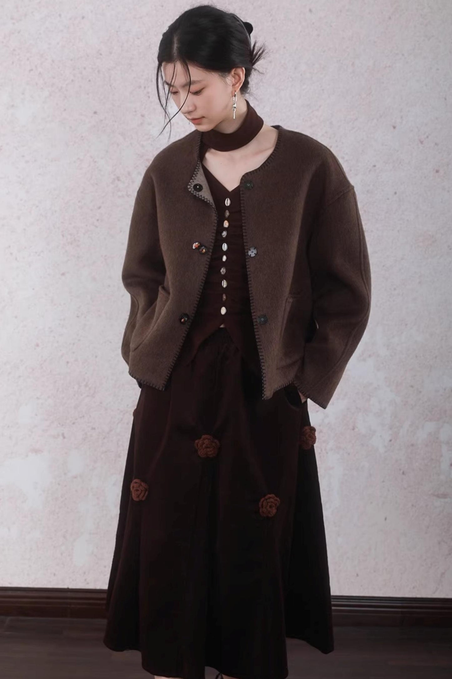 Caramel Coffee Shell Buckle Streamer Top