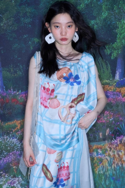 Square Plaid Print Satin Skirt Set-Up