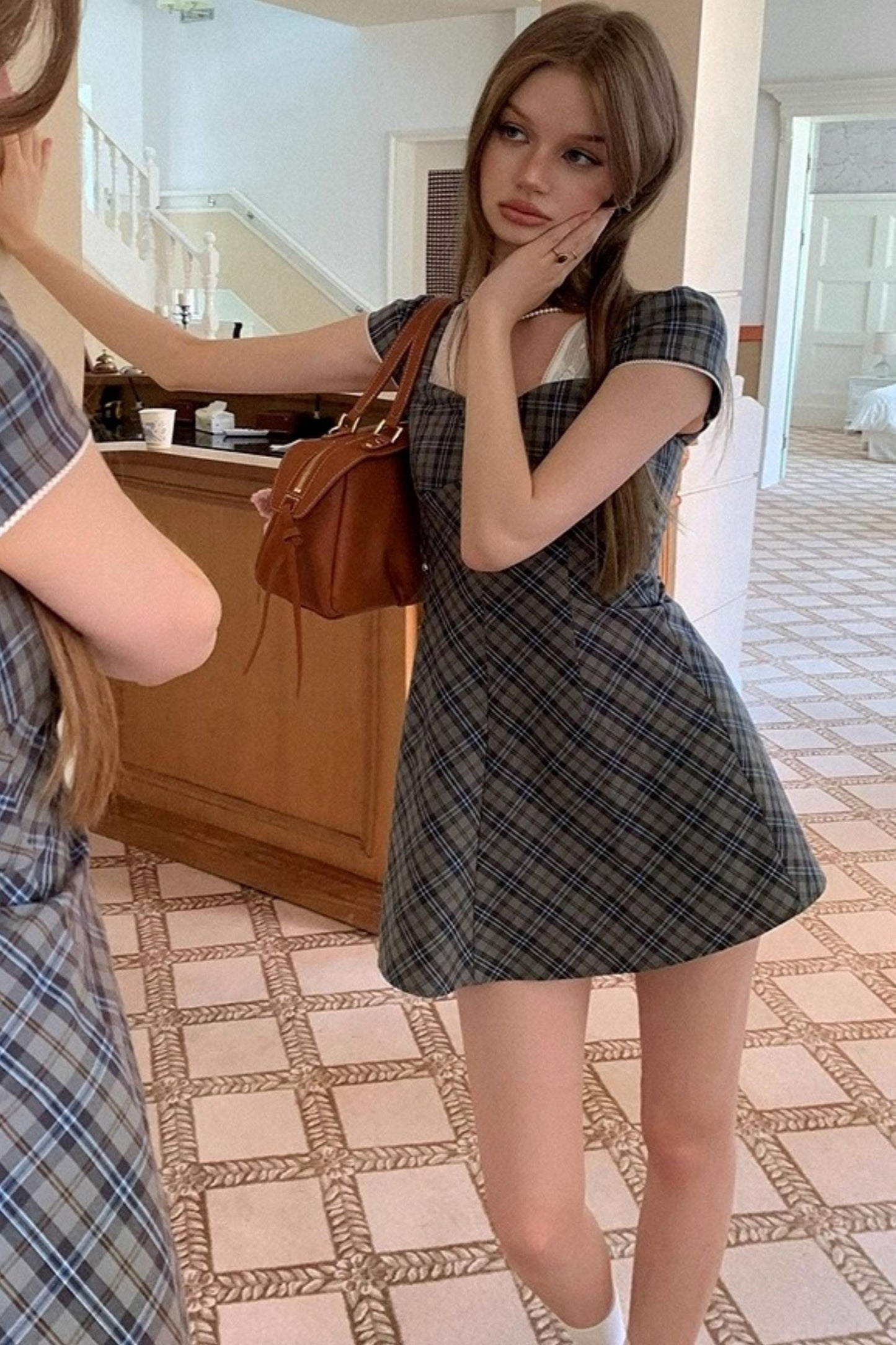 Plaid Lace Bow Short Sleeve Dress