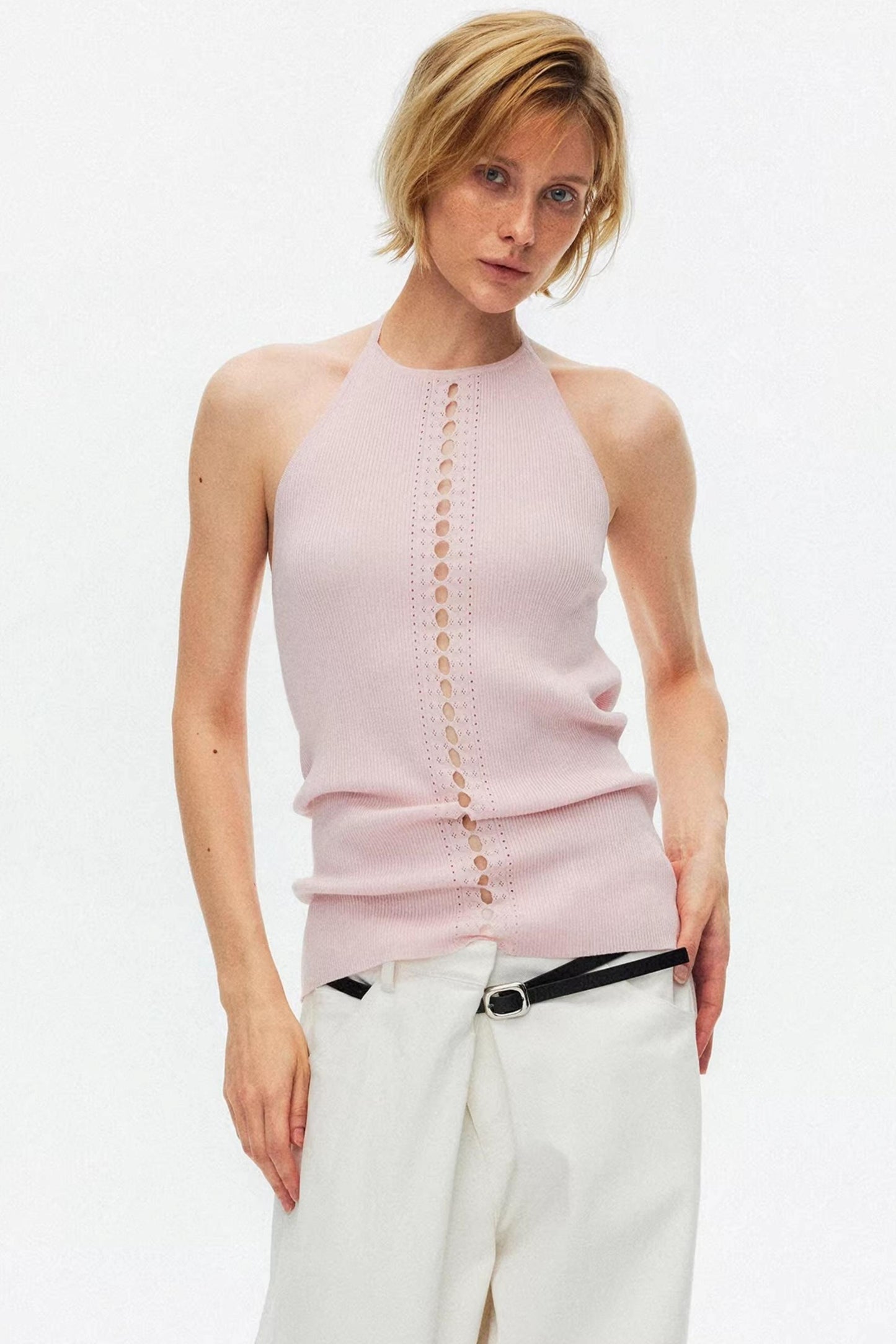 Chic pink color-blocked lyocell knit top with elegant collar detail