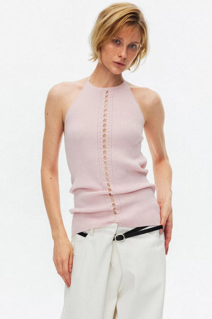 Chic pink color-blocked lyocell knit top with elegant collar detail