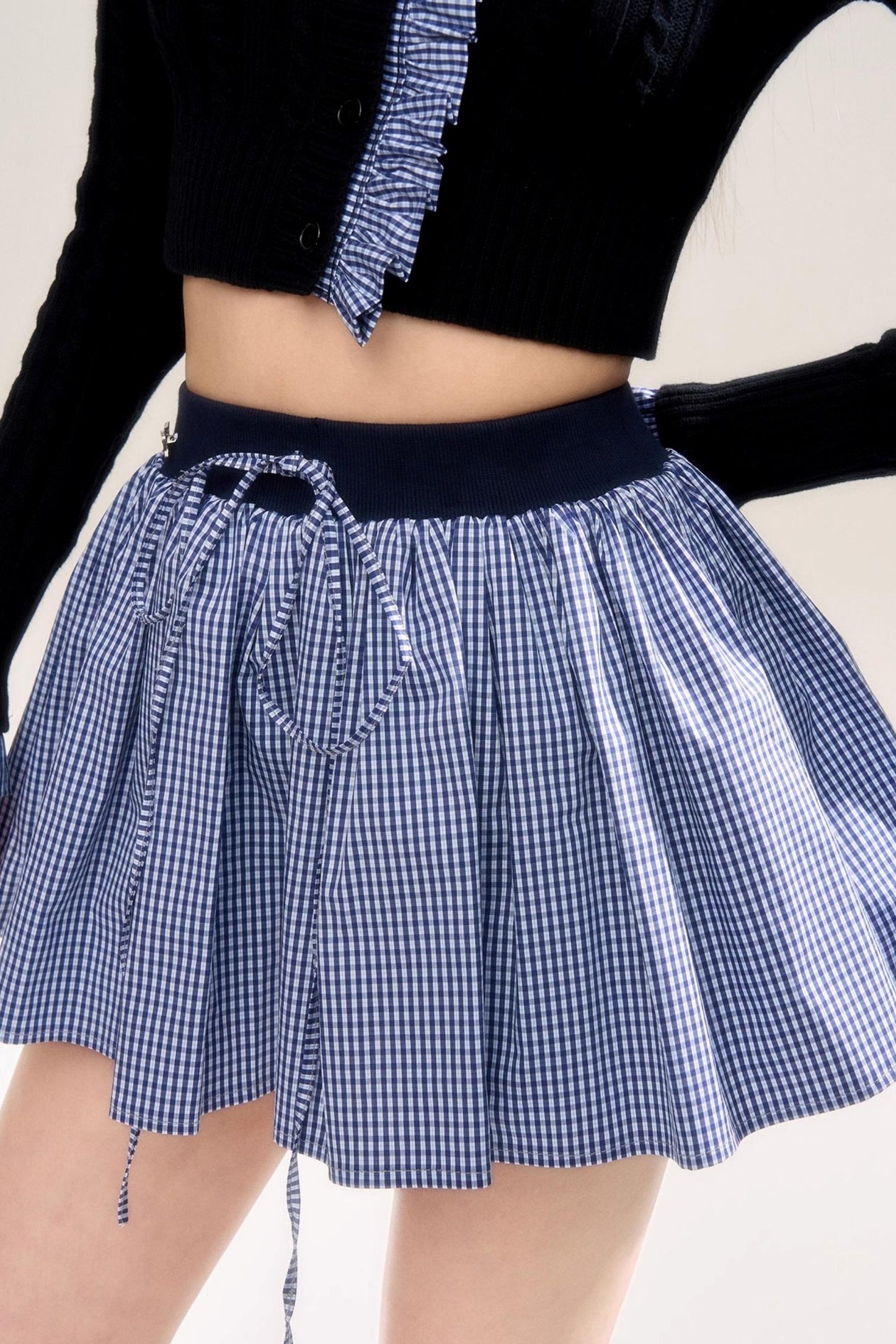 Navy Blue Checked Flared Skirt