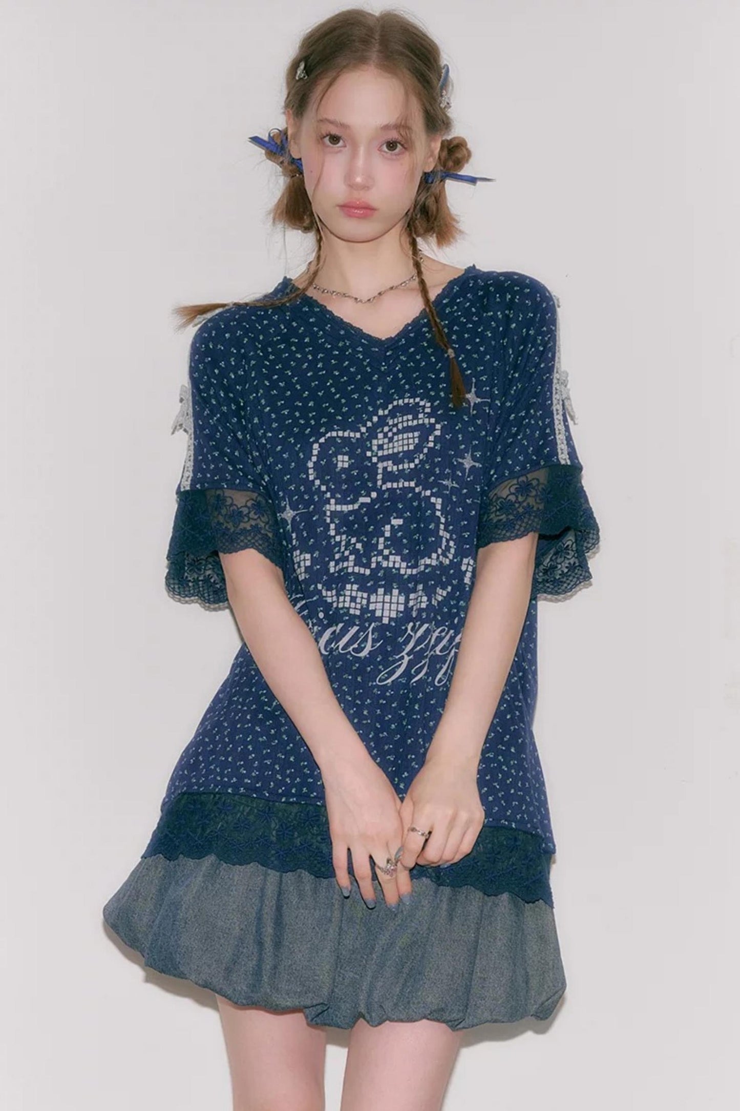 Dark Blue Floral Lace V-Neck T-Shirt