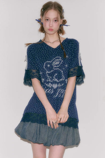 Dark Blue Floral Lace V-Neck T-Shirt