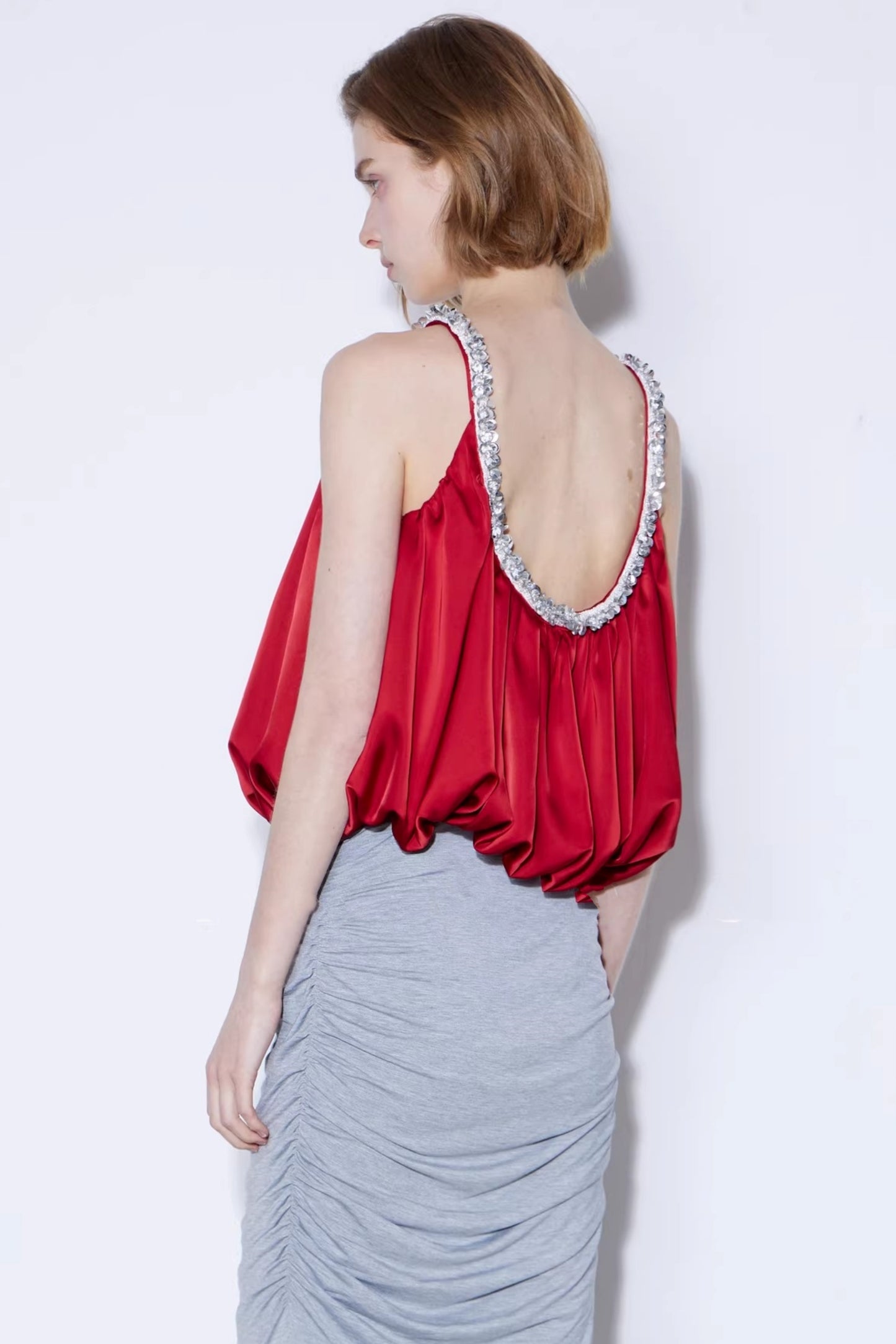 Satin Beaded Backless Top