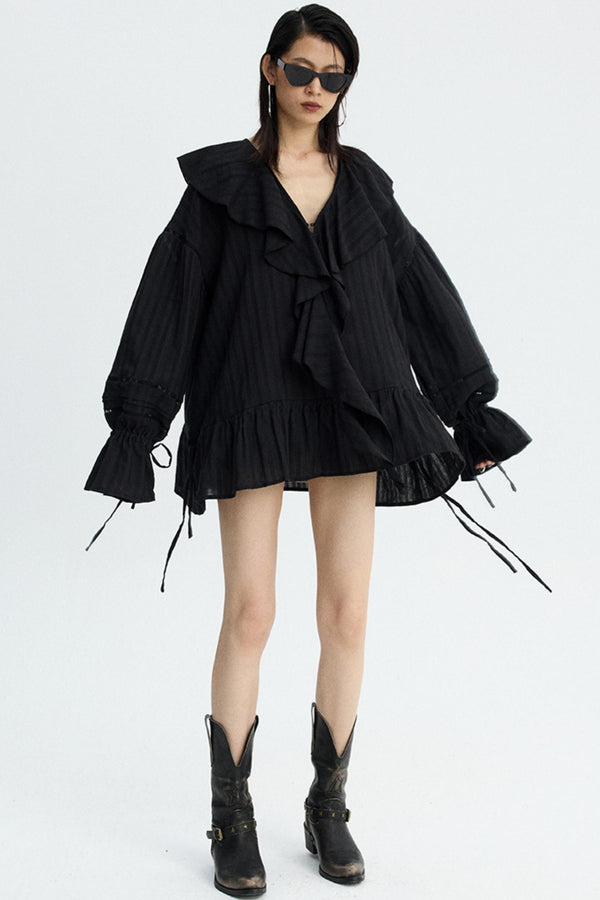 White V-Neck Ruffle Blouse