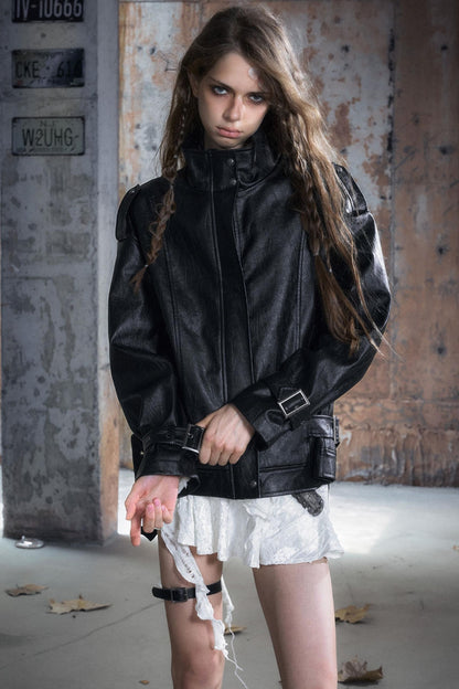 Black Textured Leather Jacket