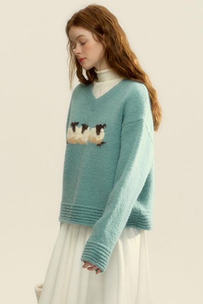 Textured Striped Mohair V-Neck Sweater