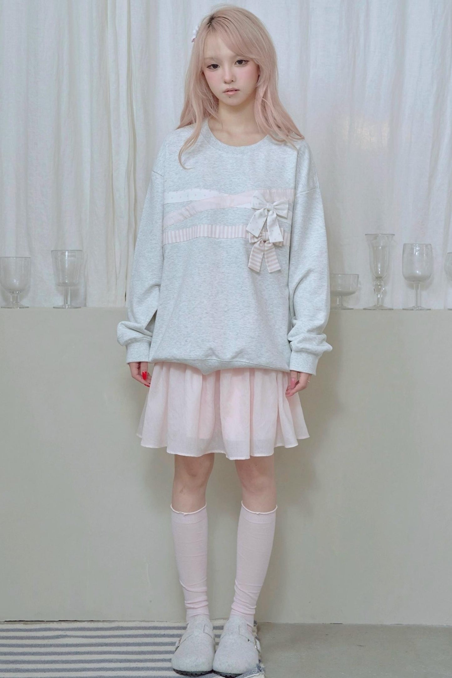 Cotton Bow Patchwork Sweatshirt