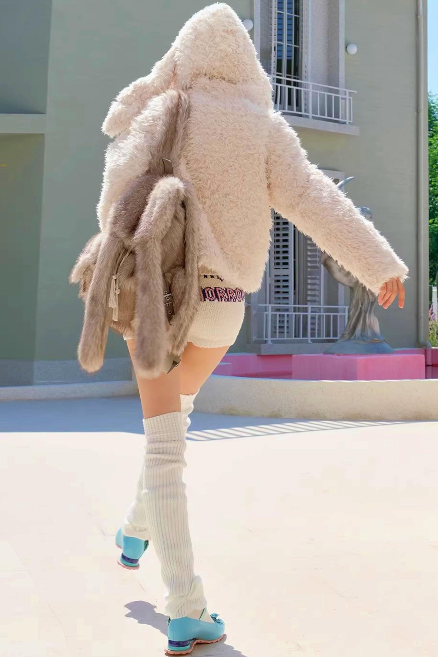 Studded Bow Faux Fur Coat