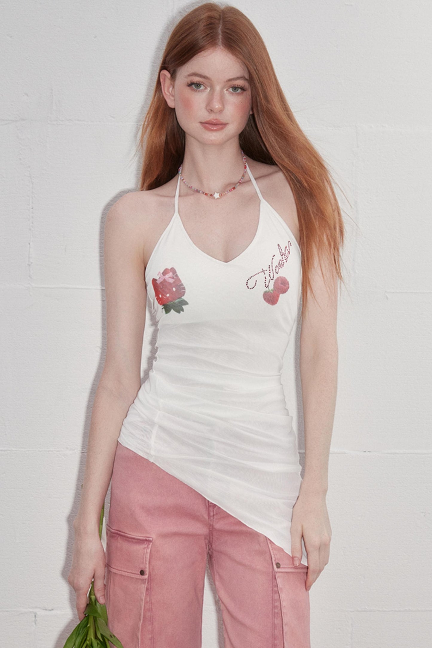 Padded Slim Strap Neck Print Top