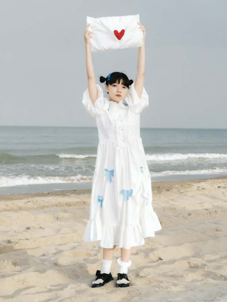 Dolphin Princess Ribbon Embroidery Puff Sleeve Dress